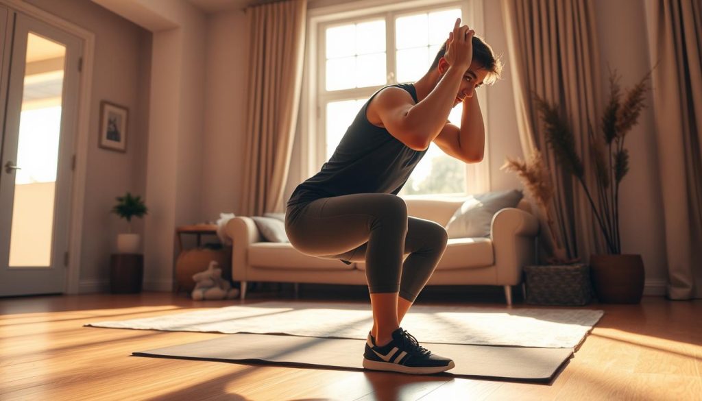 A dynamic, well-lit scene of a person performing a stress-relieving bodyweight exercise in a cozy home setting. The subject, wearing comfortable athletic attire, is shown in mid-motion, their muscles engaged as they execute a well-balanced squat with proper form. Warm, natural lighting filters in through large windows, casting a serene glow on the scene. The background features minimal, soothing decor, allowing the exercise to be the focal point. Subtle, ambient sounds of calm music or nature contribute to the overall relaxing atmosphere. The image conveys a sense of effortless fitness, mindfulness, and the empowering feeling of taking a much-needed break from the stresses of the day.