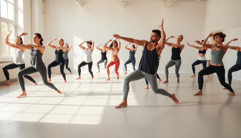 A group of people performing a dynamic warm-up routine in a bright, airy studio. The foreground features a diverse set of individuals stretching, lunging, and twisting their bodies with focused expressions. The middle ground showcases a range of exercises like arm circles, leg swings, and torso rotations. In the background, a clean, minimalist space with natural lighting from large windows creates an invigorating atmosphere. The scene conveys a sense of energy, preparation, and a commitment to holistic fitness. A group of people performing a dynamic warm-up routine in a bright, airy studio. The foreground features a diverse set of individuals stretching, lunging, and twisting their bodies with focused expressions. The middle ground showcases a range of exercises like arm circles, leg swings, and torso rotations. In the background, a clean, minimalist space with natural lighting from large windows creates an invigorating atmosphere. The scene conveys a sense of energy, preparation, and a commitment to holistic fitness.
