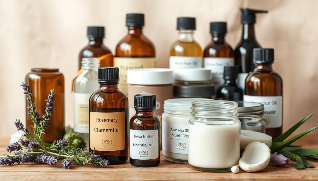A still life arrangement of various essential oils, glass bottles, and jars on a wooden surface. The foreground features a selection of essential oil bottles, including lavender, rosemary, and chamomile, with their labels clearly visible. In the middle ground, additional bottles and jars containing natural remedies such as shea butter, coconut oil, and aloe vera gel are arranged in a visually appealing manner. The background showcases a neutral, warm-toned backdrop, perhaps a rustic wooden surface or a plain cloth, to create a calming and inviting atmosphere. The lighting is soft and natural, highlighting the textures and colors of the products. The overall composition emphasizes the natural and healing properties of these essential oils and topical remedies for stretch mark management.