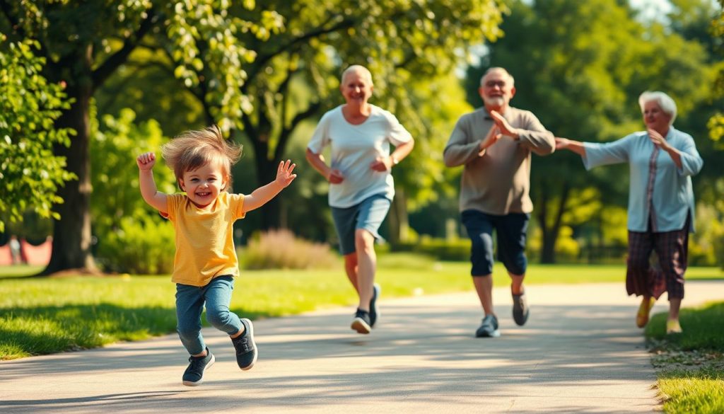 A vibrant, photorealistic scene depicting the stages of exercise throughout life. In the foreground, a young child enthusiastically jumping rope, their energy and joy palpable. In the middle ground, a middle-aged person jogging through a lush, verdant park, their determined stride capturing the benefits of regular activity. In the background, an elderly individual practicing tai chi, their fluid movements expressing the lifelong value of mindful exercise. Warm, golden lighting bathes the scene, emphasizing the timeless importance of physical wellbeing. Captured with a wide-angle lens to convey a sense of continuity and the interconnectedness of all life stages.