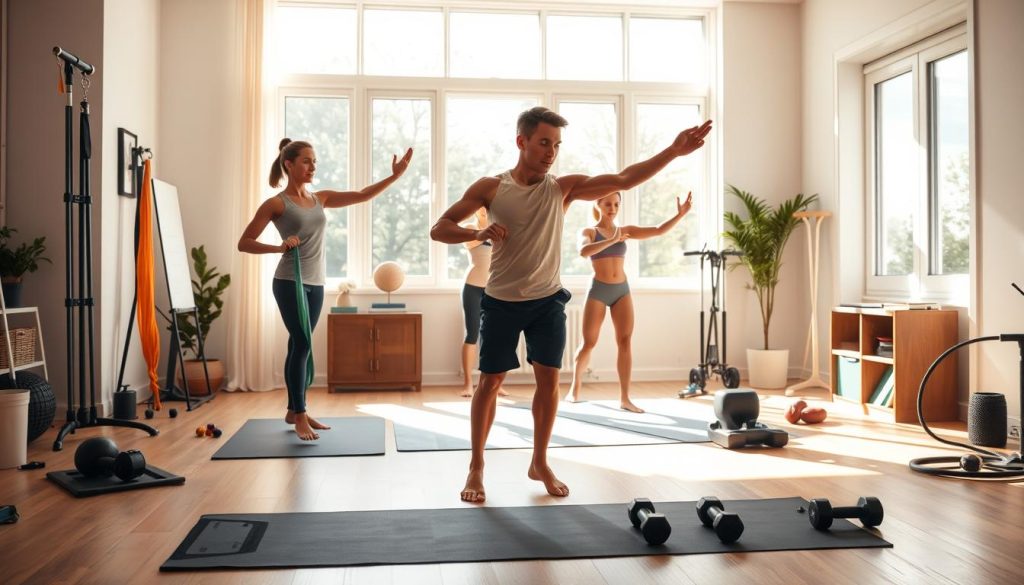 A warm, sun-lit home gym setting with a diverse array of exercise equipment. In the foreground, a young, athletic individual performs a series of dynamic stretches and warm-up exercises, their movements fluid and purposeful, capturing the essence of a beginner's fitness journey. The middle ground features a yoga mat, resistance bands, and a pair of dumbbells, inviting the viewer to imagine themselves engaging in a full-body workout. The background showcases a large window, allowing natural light to pour in and create a serene, uplifting atmosphere, complemented by minimalist decor that radiates a sense of calm and balance. A warm, sun-lit home gym setting with a diverse array of exercise equipment. In the foreground, a young, athletic individual performs a series of dynamic stretches and warm-up exercises, their movements fluid and purposeful, capturing the essence of a beginner's fitness journey. The middle ground features a yoga mat, resistance bands, and a pair of dumbbells, inviting the viewer to imagine themselves engaging in a full-body workout. The background showcases a large window, allowing natural light to pour in and create a serene, uplifting atmosphere, complemented by minimalist decor that radiates a sense of calm and balance.