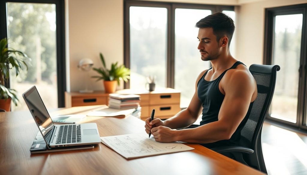 A well-designed workspace with a large wooden desk, ergonomic chair, and natural lighting streaming through large windows. On the desk, a laptop, a stack of fitness magazines, and a pen and notebook for planning an exercise routine. In the foreground, a fit individual is sitting at the desk, deeply focused, sketching out a workout plan with diagrams and notes. The mood is one of thoughtful concentration, with a warm, productive atmosphere. The image captures the essence of designing an optimal exercise routine for a healthier lifestyle.