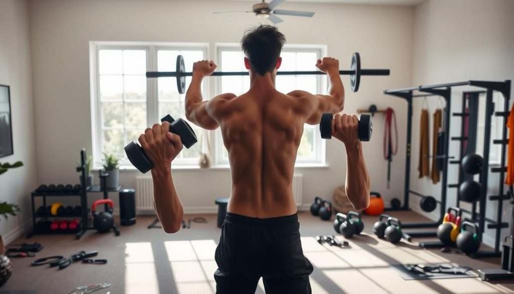A well-lit home gym setting with natural lighting coming in from large windows. In the foreground, a person is performing a dumbbell bicep curl with proper form, their muscles clearly defined. In the middle ground, another person is doing an overhead press with a barbell, their silhouette creating a strong, powerful pose. In the background, various other beginner-friendly strength training equipment such as resistance bands, kettlebells, and a pull-up bar can be seen, creating a comprehensive home workout space. The scene has a clean, minimalist aesthetic, with neutral tones and a serene, motivating atmosphere. A well-lit home gym setting with natural lighting coming in from large windows. In the foreground, a person is performing a dumbbell bicep curl with proper form, their muscles clearly defined. In the middle ground, another person is doing an overhead press with a barbell, their silhouette creating a strong, powerful pose. In the background, various other beginner-friendly strength training equipment such as resistance bands, kettlebells, and a pull-up bar can be seen, creating a comprehensive home workout space. The scene has a clean, minimalist aesthetic, with neutral tones and a serene, motivating atmosphere.