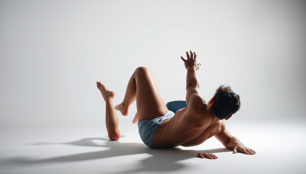A well-lit, minimalist studio scene showing a person performing a variety of core strengthening exercises, including crunches, planks, and leg raises, with a clean, clinical aesthetic. The model's body is in the center of the frame, muscles engaged, against a simple white background. Soft, directional lighting accentuates the contours of the physique, creating dramatic shadows and highlights. The camera angle is slightly elevated, capturing the full range of motion and intensity of the workout. An atmosphere of focus, discipline, and efficiency pervades the scene, reflecting the "core strength in minutes" theme.