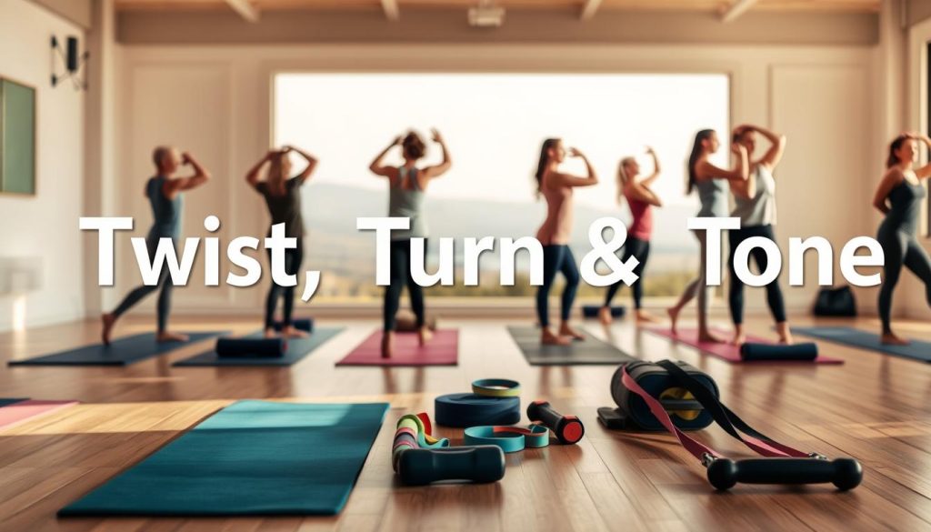 A well-lit yoga studio with a wooden floor and serene atmosphere. In the foreground, a variety of exercise equipment is neatly arranged, including yoga mats, resistance bands, and hand weights. In the middle ground, several people are engaged in various twisting and turning exercises, their bodies flowing with graceful movements. The background features a soft, blurred landscape with calming colors, creating a sense of tranquility. The lighting is warm and natural, highlighting the participants' focused expressions and the overall sense of wellness. The image conveys a balanced, holistic approach to the "Twist, Turn, and Tone" workout routine. A well-lit yoga studio with a wooden floor and serene atmosphere. In the foreground, a variety of exercise equipment is neatly arranged, including yoga mats, resistance bands, and hand weights. In the middle ground, several people are engaged in various twisting and turning exercises, their bodies flowing with graceful movements. The background features a soft, blurred landscape with calming colors, creating a sense of tranquility. The lighting is warm and natural, highlighting the participants' focused expressions and the overall sense of wellness. The image conveys a balanced, holistic approach to the "Twist, Turn, and Tone" workout routine.